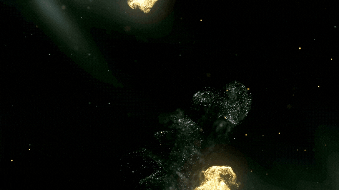 Glowing particles floating in dark space.