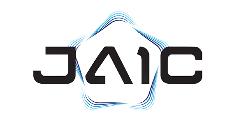Futuristic JAIC logo with geometric design.