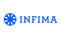 Blue Infima logo on black background.