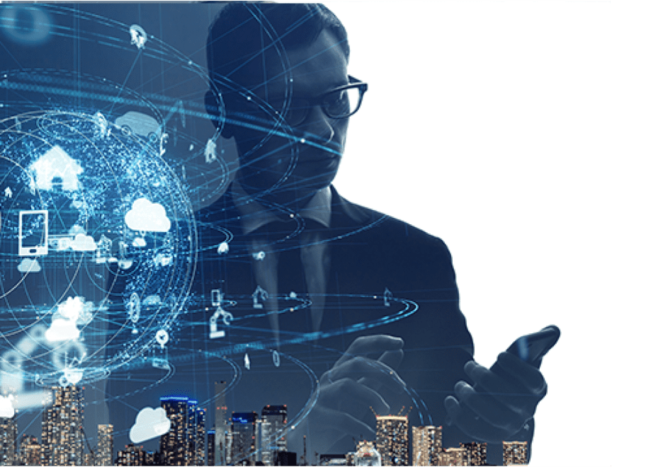 Businessman interacting with digital globe and cityscape.