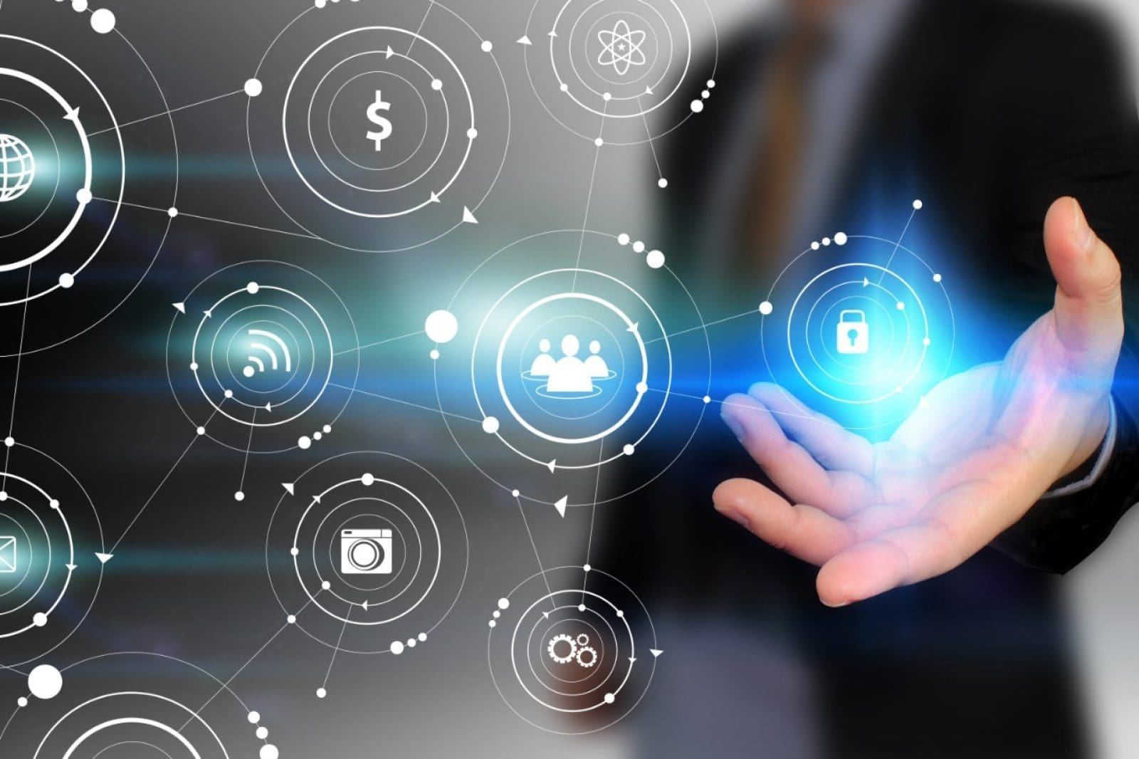 Hand interacting with floating digital icons symbolizing technology and security.