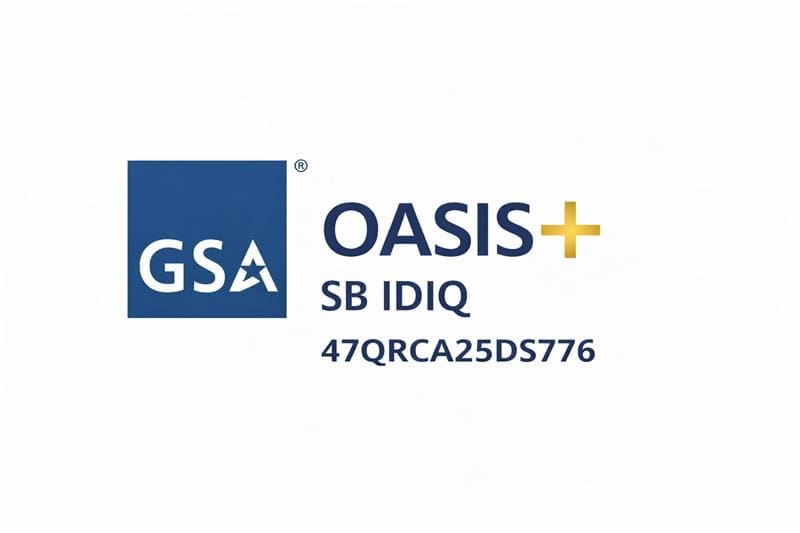 Logo of GSA Oasis+ SB IDIQ program with contract number.
