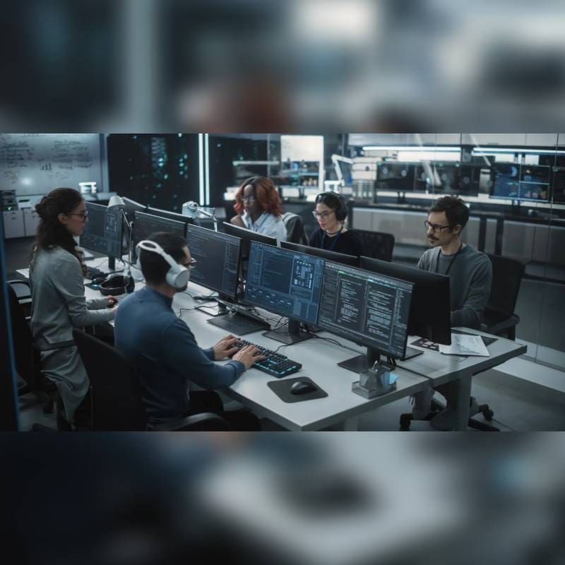 Team of analysts working intensely with multiple monitors in a control room.