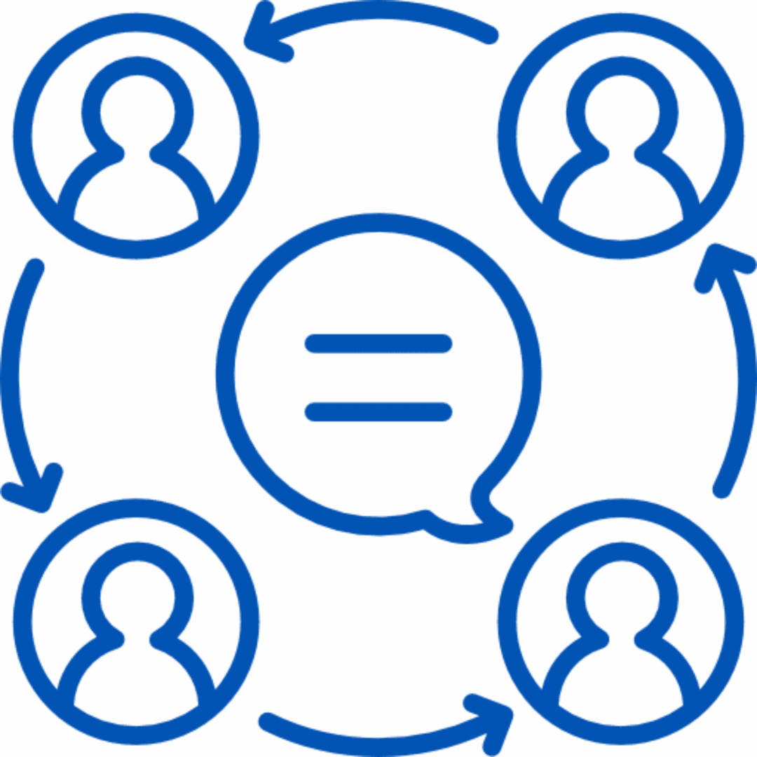 Blue background with four connected user icons and a central equal sign.