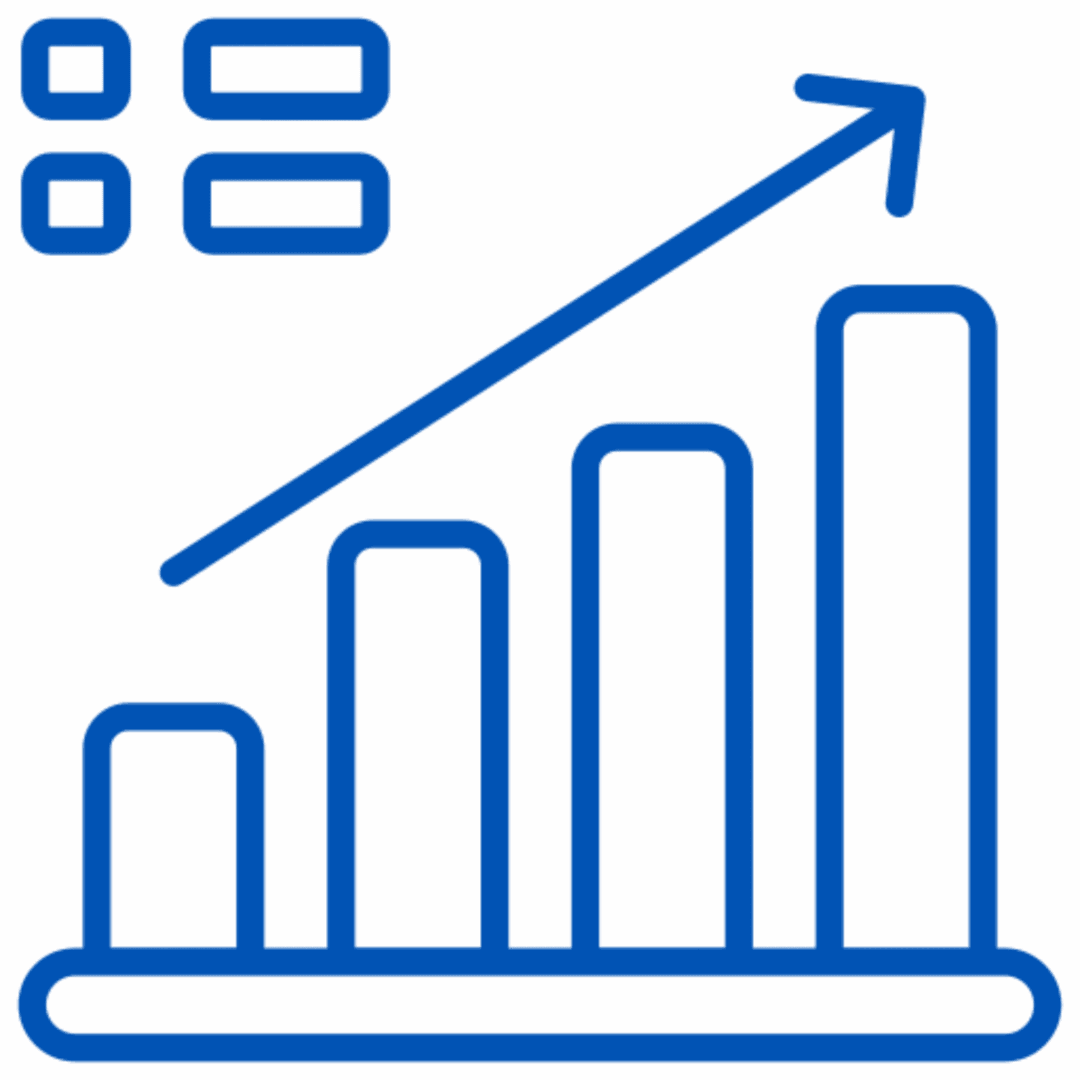 Blue graph with bars and upward arrow symbolizing growth.