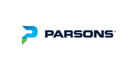 Logo of Parsons with a blue symbol on a gray background.