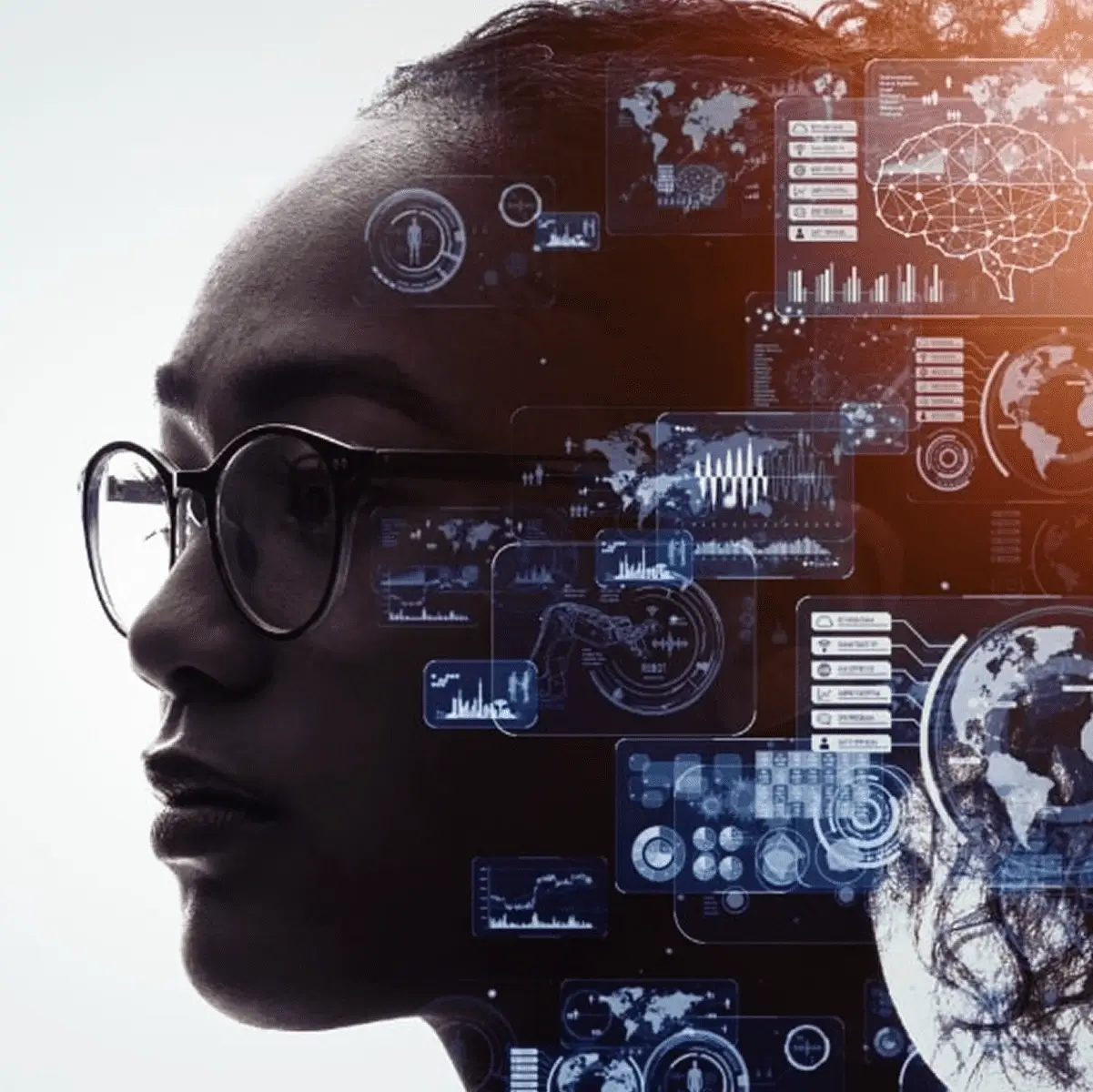 Profile of a person with digital and futuristic data overlays.