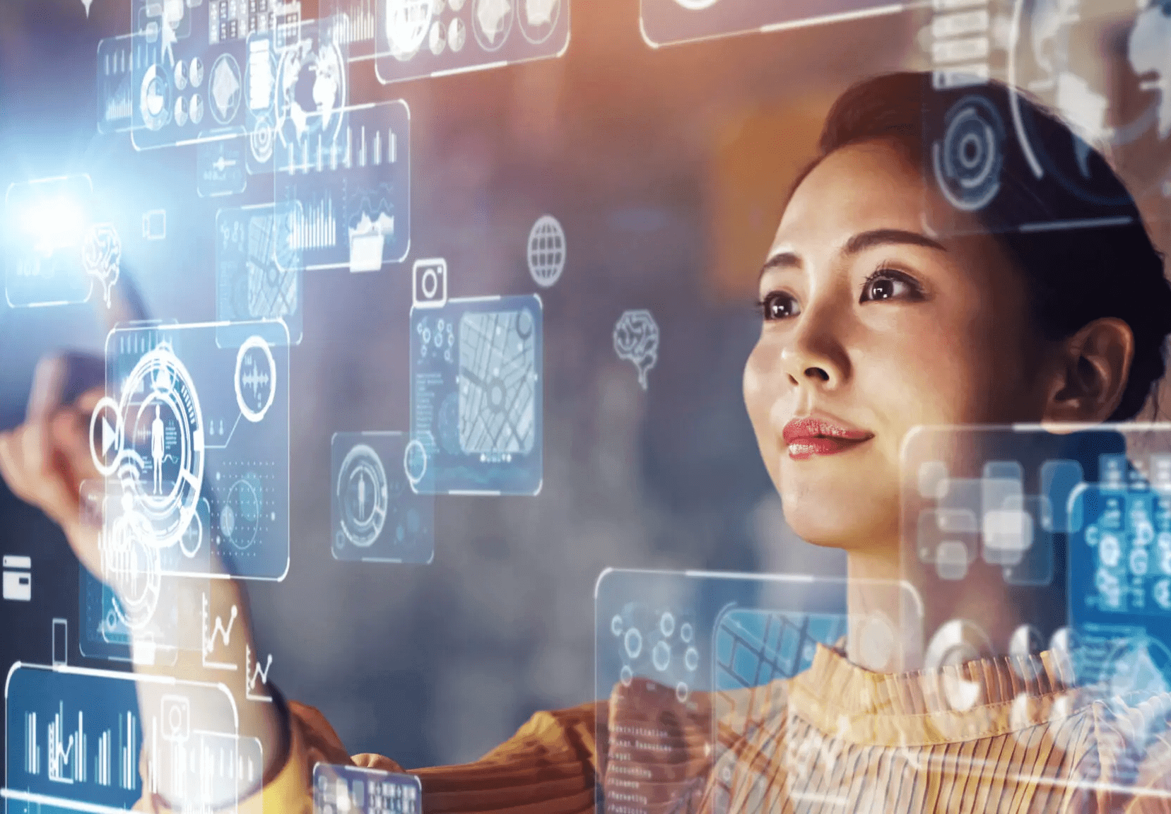 A woman interacts with futuristic digital holograms in a tech environment