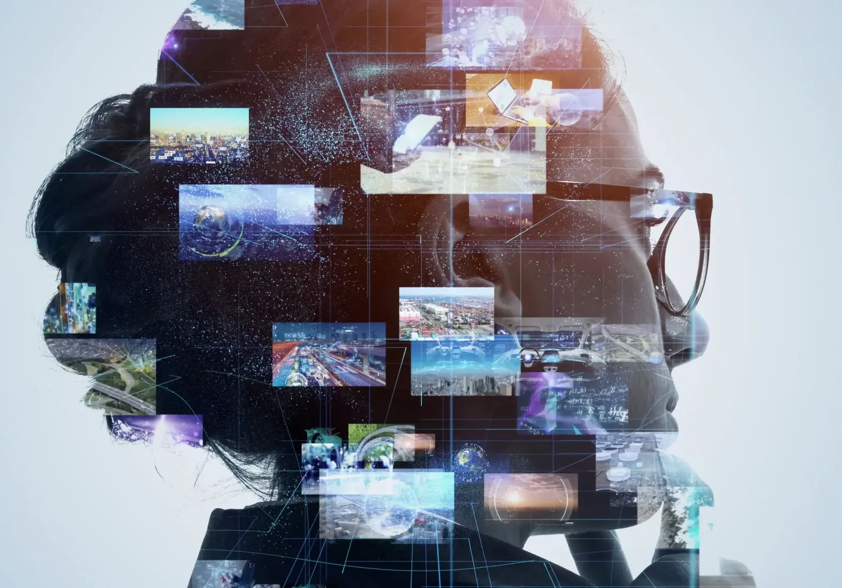 Double exposure of a person and multiple digital screens representing data flow.